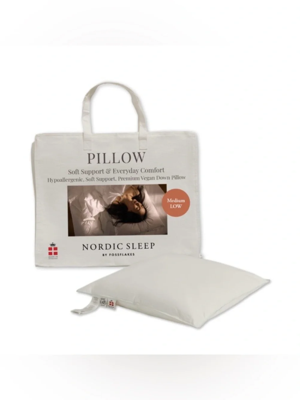 VEGAN DOWN Bed Pillow HYPOALLERGENIC 100% Cotton Sateen Cover (MEDIUM-LOW)